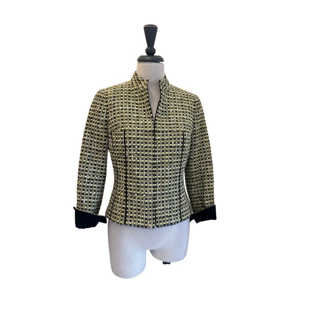 Carlisle Women's Tweed Full Zip Mock Neck Blazer Jacket Yellow & Black Size 0